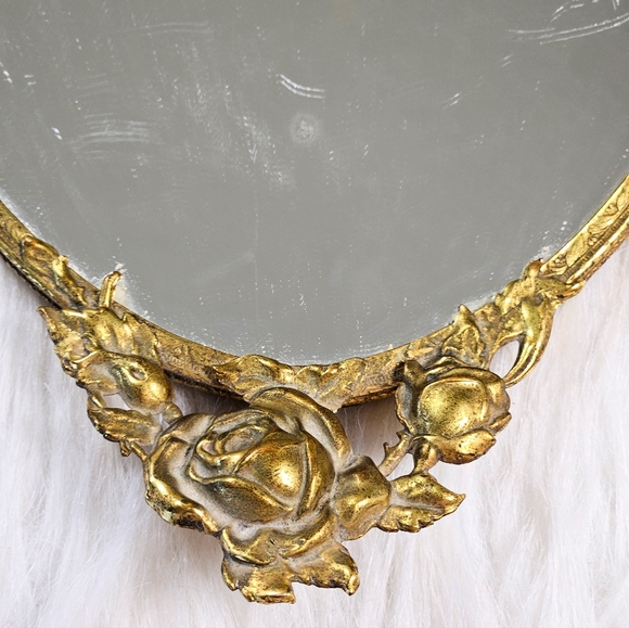 Vintage Oval Vanity Mirror Gold Filigree Bridgerton Regency Rose Accents 16 in - Picture 3 of 11